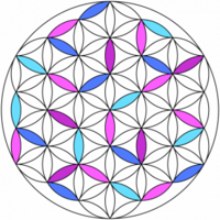 Cirkel met een geometrisch patroon van platte ovalen, waardoor zowel overlappende bloemen als cirkels lijken te ontstaan. Een deel van de ovalen is opgevuld in de kleuren blauw, donkerblauw, paars en donkerpaars.