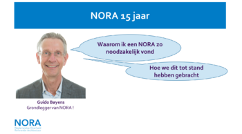Slide met pasfoto van Guido Bayens en twee gesprekswolkjes: Waarom ik een NORA zo noodzakelijk vond en Hoe we dit tot stand hebben gebracht.