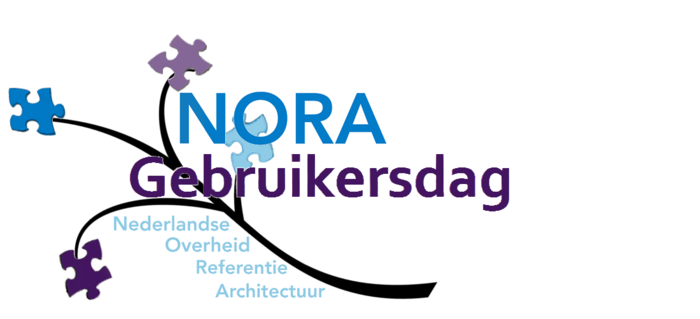 logo NORA Gebruikersdag, de teksten NORA (blauw), Gebruikersdag (paars) en Nederlandse Overheid Referentie Architectuur (lichtblauw), voor een takje met daaraan puzzelstukjes in blauw en paars