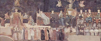 Afbeelding van de fresco ‘Allegorie voor goed bestuur’ die rond 1338 geschilderd is door Ambrogio Lorenzetti.