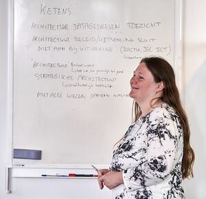 Foto van Marieke Vos, die tijdens de sessie reacties vanuit de zaal op een whiteboard schrijft.